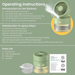 Two-in-One Desktop Spray Humidification Fan – USB Rechargeable Mini Mute Electric Fan with Adjustable Speeds, Humidifier, and Night Light (Multi)