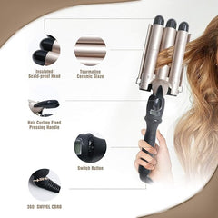 3-Barrel Ceramic Curling Wand – LCD Display, 14 Temp Settings for Perfect Waves & Curls