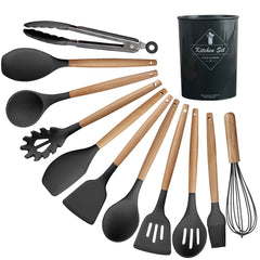 12-Piece Silicone Kitchen Utensil Set – Non-Stick Cooking & Baking Tools with Wooden Handles | Heat-Resistant, Scratch-Proof Design in Convenient Nylon Storage Case