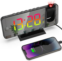 Projection Alarm Clock with 180° Rotatable Ceiling Projector, RGB LED Display, Dual Alarms, 5-Level Dimmer & Snooze Function – Sleek Black Design