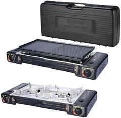 Portable Double Burner Gas Stove with Diecast Grill Plate | Compact Foldable Outdoor Gas Burner for Camping, Backpacking, Grilling, and Boiling