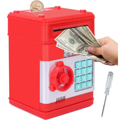 Electronic Money Bank for Kids – Password Lock Piggy Bank with Auto Cash Scroll, ATM-Style Coin & Bill Savings Box, Educational Toy Gift (Red)