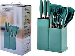 19-Piece Silicone Cooking Utensils & Knife Set | Includes Utensils, Knives, Scissors & Cutting Board with Block | Teal
