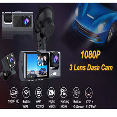 4-Inch Triple-Lens WiFi Dash Cam – Front, Rear & Cabin Recording with Night Vision, Parking Monitor, G-Sensor & Mobile App Control for Complete Driving Security