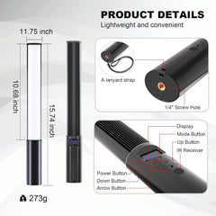 FM-128 RGB LED Light Wand – Adjustable Brightness & Color (2500K-6500K), 12 Dynamic Lighting Scenes, Built-in Rechargeable Battery for Photography, Vlogging & Creative Shooting
