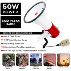 Portable Handheld Megaphone 50W High-Power Loudspeaker with Built-In Siren & Recording | Clear Long-Range Voice Amplifier for Outdoor Events, Sports, Emergency, Safety & Crowd Control