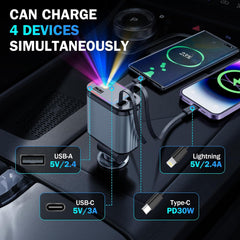 Fast 60W Car Charger with Starlight Roof – 4-in-1 Retractable USB-C Adapter, Dual USB Ports, Quick Charge Car Adapter Compatible with iPhone, Samsung & Android Devices