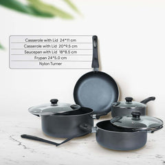 10-Piece Nonstick Cookware Set - Durable Aluminum Pots & Pans with Glass Lids, Frypan, Saucepan, Casserole, Nylon Turner, Dishwasher Safe Nonstick Cookware (Black)