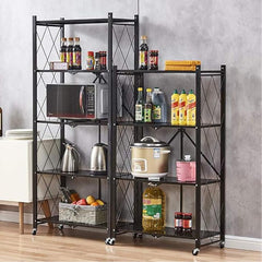 4-Layer Black Mobile Folding Kitchen Storage Rack – No-Installation, Thickened Multi-Purpose Shelf