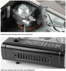 Portable Double Burner Gas Stove with Diecast Grill Plate | Compact Foldable Outdoor Gas Burner for Camping, Backpacking, Grilling, and Boiling