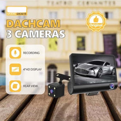 DX3618 3-Channel Car Dashcam | 4-Inch HD Display with Front, Rear & Interior Cameras | Loop Recording, Night Vision & G-Sensor Protection