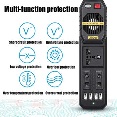 200W Car Power Inverter | DC 12V to AC 220V Converter with Dual AC Outlets, 4 USB Charging Ports & Cigarette Lighter Socket for Travel & Road Trips
