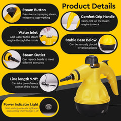 Powerful Pressurized Handheld Steam Cleaner – 9pc Multi-Surface Kit for Kitchen, Bathroom, Car, Windows, Grime Removal, Portable, Easy to Use, Eco-Friendly Cleaning