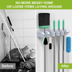 Wall-Mounted Tool & Mop Holder with Wax Handlebar | 5 Quick-Release Clamps & 6 Hooks | Space-Saving Organizer for Brooms, Mops, and Cleaning Tools