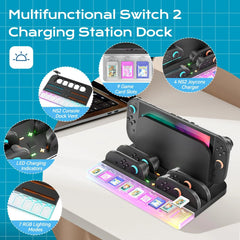 Switch 2 Charging Dock Station | Controller Charger with 7 RGB Lighting Modes, 9 Game Card Slots & Built-in Cooling Fan – Multi-Functional Gaming Stand