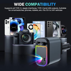 Fast 60W Car Charger with Starlight Roof, 4-in-1 Retractable USB-C Adapter, Dual USB Ports, Compatible with iPhone, Android, Tablets & More