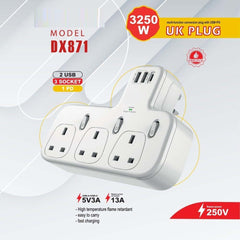 DX871 Power Strip | 3 AC Outlets, 2 USB Ports & 1 PD Port | Fast Charging Extension Socket with Compact, Modern White Design