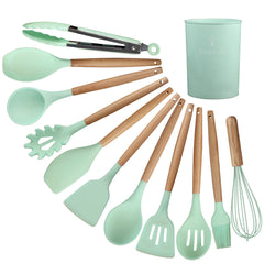 12-Piece Silicone Kitchen Utensil Set – Non-Stick Cooking & Baking Tools with Wooden Handles | Heat-Resistant, Scratch-Proof Design in Convenient Nylon Storage Case