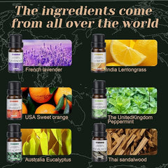 6-Pack Essential Oils Set | 10mL Water Soluble Aromatherapy Oils for Diffusers & Humidifiers | Sandalwood, Orange, Lavender, Eucalyptus, Lemon, Mint