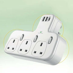 DX871 Power Strip | 3 AC Outlets, 2 USB Ports & 1 PD Port | Fast Charging Extension Socket with Compact, Modern White Design