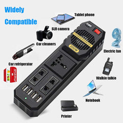 200W Car Power Inverter | DC 12V to AC 220V Converter with Dual AC Outlets, 4 USB Charging Ports & Cigarette Lighter Socket for Travel & Road Trips