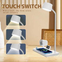 LED Desk Lamp with Wireless Charger, Bluetooth Speaker, Clock & Night Light – Modern Touch Control Lamp for Bedroom, Office & Study Table Lighting