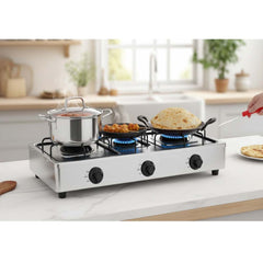 OE-444 3-Burner Gas Stove | Stainless Steel Enamel Body with Auto Ignition | Efficient, Powerful Triple-Burner Cooking for Home Kitchens