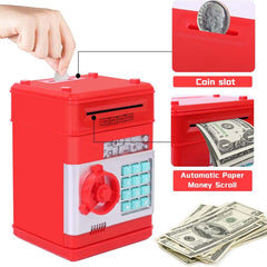 Electronic Money Bank for Kids – Password Lock Piggy Bank with Auto Cash Scroll, ATM-Style Coin & Bill Savings Box, Educational Toy Gift (Red)