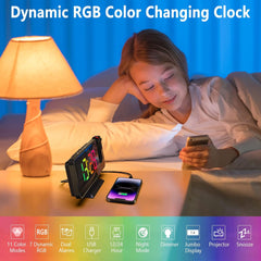 Projection Alarm Clock with 180° Rotatable Ceiling Projector, RGB LED Display, Dual Alarms, 5-Level Dimmer & Snooze Function – Sleek Black Design