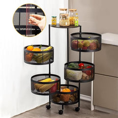 5-Tier Rotatable Kitchen Storage Shelf | 360° Swivel Fruit & Vegetable Basket, Large Capacity Circular Organizer with Wheels for Pantry, Bathroom