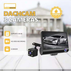 DX3618 3-Channel Car Dashcam | 4-Inch HD Display with Front, Rear & Interior Cameras | Loop Recording, Night Vision & G-Sensor Protection