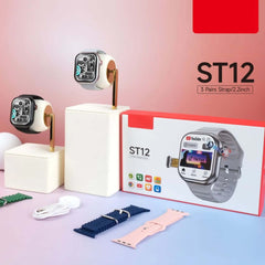ST12 Smart Watch with 2.2" Full Touchscreen, 4G SIM Support, 3 Stylish Straps & Wireless Charger – Multi-Color for Men & Women