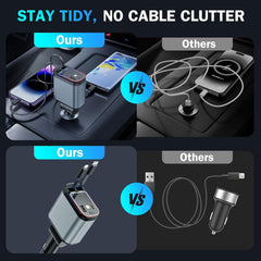 Fast 60W Car Charger with Starlight Roof – 4-in-1 Retractable USB-C Adapter, Dual USB Ports, Quick Charge Car Adapter Compatible with iPhone, Samsung & Android Devices