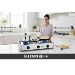 OE-444 3-Burner Gas Stove | Stainless Steel Enamel Body with Auto Ignition | Efficient, Powerful Triple-Burner Cooking for Home Kitchens