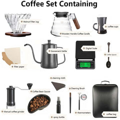 12-Piece Pour Over Coffee Kit – Complete Brewing Set with Wooden Dripper, Filters, Accessories & Travel Bag, Ideal Barista Gift Set for Coffee Lovers & Travelers