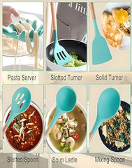 19-Piece Silicone Cooking Utensils & Knife Set with Block | Includes 11 Silicone Utensils, 5 Stainless Steel Knives, Scissors, Cutting Board | Teal