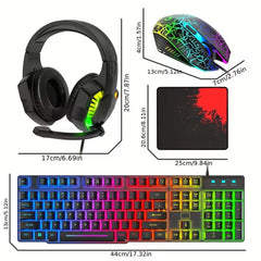 4-in-1 Gaming Combo Set: Wired Keyboard, Mouse, Headset & Mouse Pad | Rainbow LED Backlit Gaming Accessories for PC, PS4, Xbox & Complete Gamer Setup