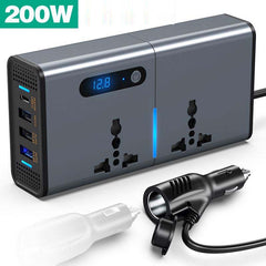 200W Universal Socket Power Inverter - 12V/24V DC to AC Converter with Dual USB Charging Ports for Phones, Tablets & Laptops, Multi-Purpose Car Power Adapter