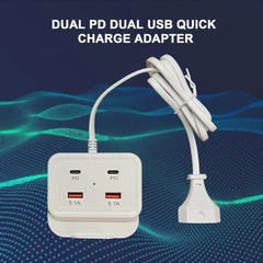 Intelligent USB Power Strip Plug with Dual PD & Dual USB Ports | 5.1A Multi-Port Fast Charging, 4 USB Outputs, 100cm Cable for iPhone, Android Devices