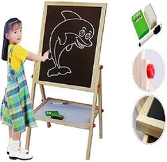 Kids Writing Board | Double-Sided Wooden Easel with Whiteboard & Chalkboard | Portable Height-Adjustable Drawing Stand for Art, Learning & Fun Activities