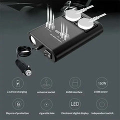 150W Universal Car Inverter – Multi-Port Travel Adapter with Dual USB Ports & AC Outlet, Compact Power Converter for Global Use in Cars, Road Trips & Travel