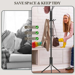 12-Hook Coat Rack Stand – Wrought Iron Freestanding Clothing Hanger with Storage Shelves, Modern Wardrobe Organizer for Bedroom, Entryway, Living Room & Office