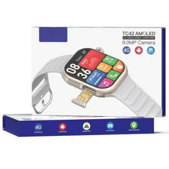 TC42 AMOLED 4G Smartwatch – 2.2" Display, 8MP Camera, SIM Card Slot, Fitness Tracking, Unisex Silver Design with 3 Interchangeable Straps