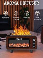 Wood Grain Fireplace Diffuser with 7-Color Flame Humidifier | Silent Operation, Auto Shut-Off, and Aroma Diffusion for Living Room & Bedroom