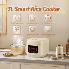 3L Smart Rice Cooker with Steamer – Multi-Functional Cooker for 3-5 People, 24H Delay Start, Includes Measuring Cup, Spoon & Steaming Tray