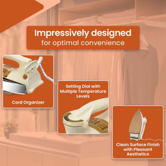 OE-21 Dry Iron | Non-Stick Teflon Coating for Smooth Ironing | Scratch-Free Performance for All Fabrics | Elegant White & Golden Design