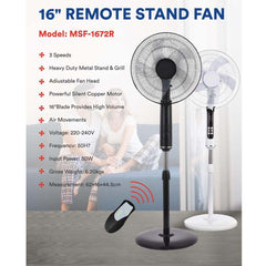 MSF-1672R 16" Luxury Stand Fan – 5-Speed Remote Control, Silent Cooling Operation, Adjustable Height, Elegant Multi-Colour Design for Bedroom, Living Room, Home & Office Use