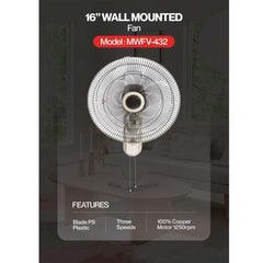 MWFV-432 16" Wall Mount Fan – 3-Speed Settings, Adjustable Tilt, Quiet & Efficient Cooling Fan for Home, Shops, Gyms, Restaurants & Commercial Spaces (No Remote)