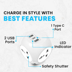 7-in-1 Multi Plug Extension Adapter – 4 Way Cordless Wall Extender with PD Fast Charging, Universal AC Outlets & USB Ports for Home, Office & Travel 100-250V