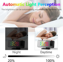 Projection Alarm Clock with 180° Rotatable Ceiling Projector, RGB LED Display, Dual Alarms, 5-Level Dimmer & Snooze Function – Sleek Black Design